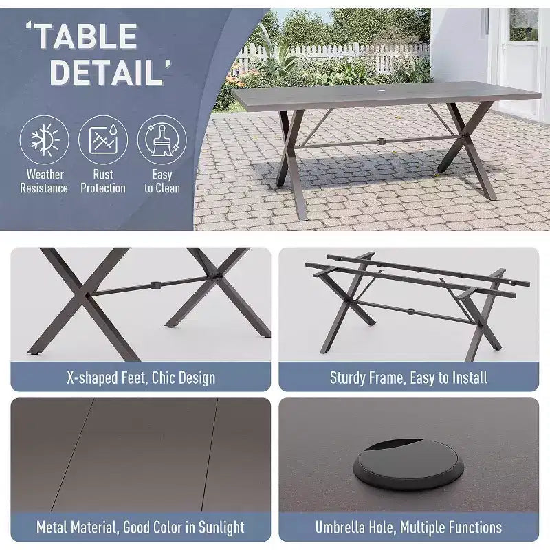 ALAULM Ensemble de Salle à Manger d'Extérieur 7 Pièces, Meubles de Patio en Métal avec 6 Chaises Fixes et Grande Table
