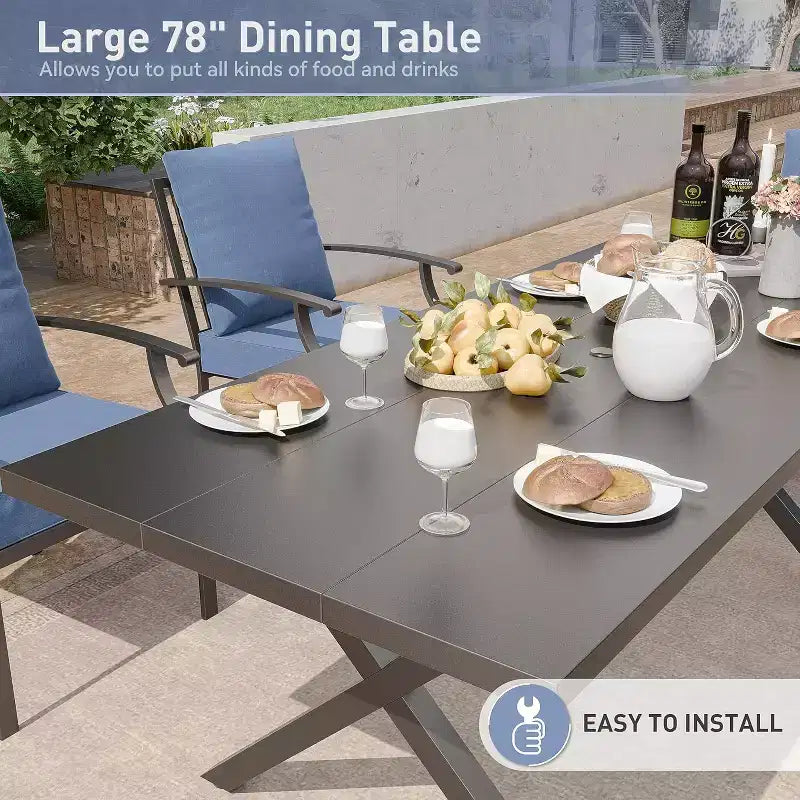 ALAULM Ensemble de Salle à Manger d'Extérieur 7 Pièces, Meubles de Patio en Métal avec 6 Chaises Fixes et Grande Table