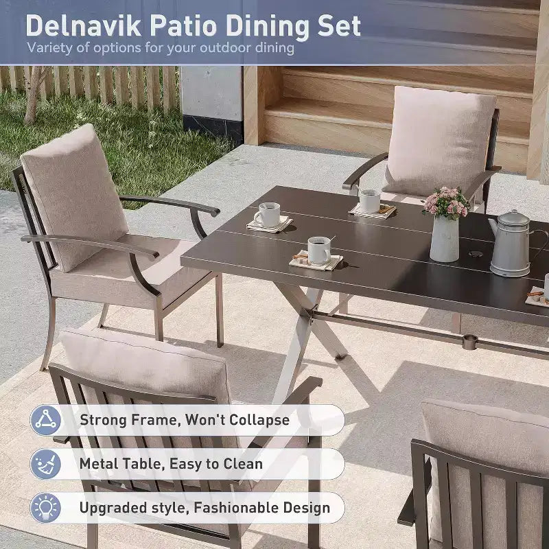ALAULM Ensemble de Salle à Manger d'Extérieur 7 Pièces, Meubles de Patio en Métal avec 6 Chaises Fixes et Grande Table