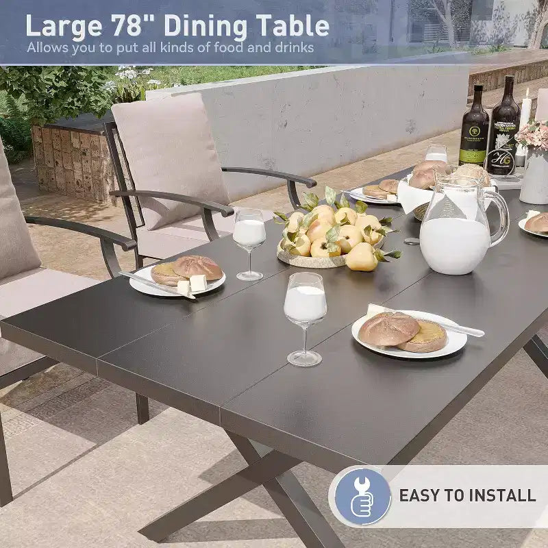 ALAULM Ensemble de Salle à Manger d'Extérieur 7 Pièces, Meubles de Patio en Métal avec 6 Chaises Fixes et Grande Table