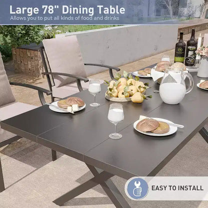 ALAULM Ensemble de Salle à Manger d'Extérieur 7 Pièces, Meubles de Patio en Métal avec 6 Chaises Fixes et Grande Table