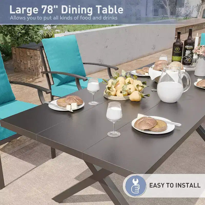 ALAULM Ensemble de Salle à Manger d'Extérieur 7 Pièces, Meubles de Patio en Métal avec 6 Chaises Fixes et Grande Table