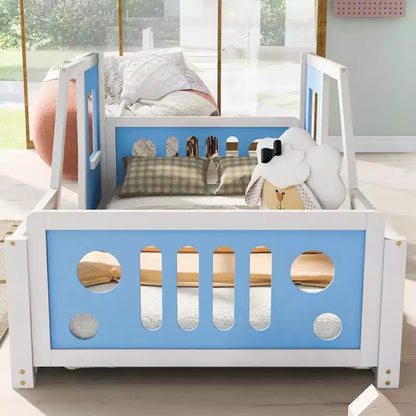 Cadre de lit plateforme Okak Twin/Full avec roulettes Lit en forme de voiture classique avec barrières pour enfants, lattes en bois solides sans bruit, assemblage facile, blanc