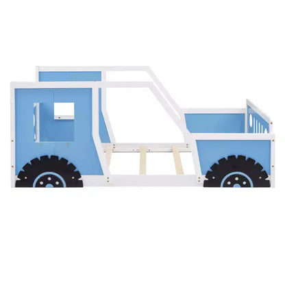 Cadre de lit plateforme Okak Twin/Full avec roulettes Lit en forme de voiture classique avec barrières pour enfants, lattes en bois solides sans bruit, assemblage facile, blanc
