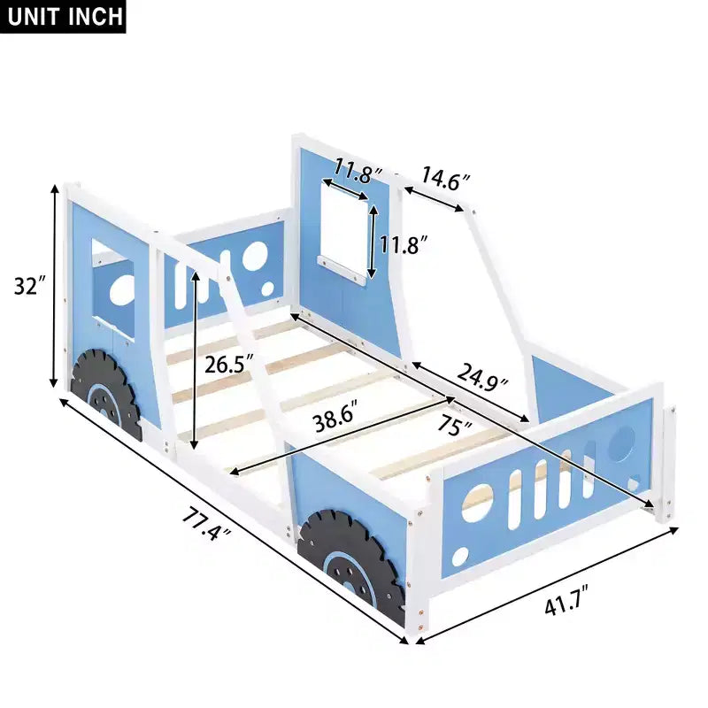 Cadre de lit plateforme Okak Twin/Full avec roulettes Lit en forme de voiture classique avec barrières pour enfants, lattes en bois solides sans bruit, assemblage facile, blanc