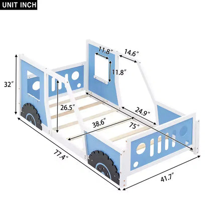 Cadre de lit plateforme Okak Twin/Full avec roulettes Lit en forme de voiture classique avec barrières pour enfants, lattes en bois solides sans bruit, assemblage facile, blanc