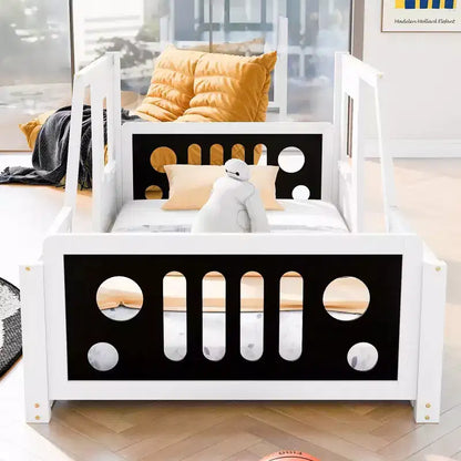 Cadre de lit plateforme Okak Twin/Full avec roulettes Lit en forme de voiture classique avec barrières pour enfants, lattes en bois solides sans bruit, assemblage facile, blanc