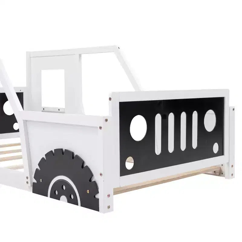 Cadre de lit plateforme Okak Twin/Full avec roulettes Lit en forme de voiture classique avec barrières pour enfants, lattes en bois solides sans bruit, assemblage facile, blanc