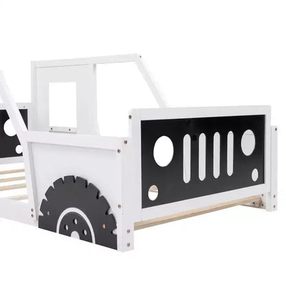 Cadre de lit plateforme Okak Twin/Full avec roulettes Lit en forme de voiture classique avec barrières pour enfants, lattes en bois solides sans bruit, assemblage facile, blanc