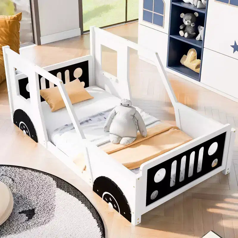 Okak Twin/Full Platform Bed Frame with Wheels Classic Car-Shaped Bed with Rails for Kids Noise-Free Strong Wood Slats Easy Assembly, White