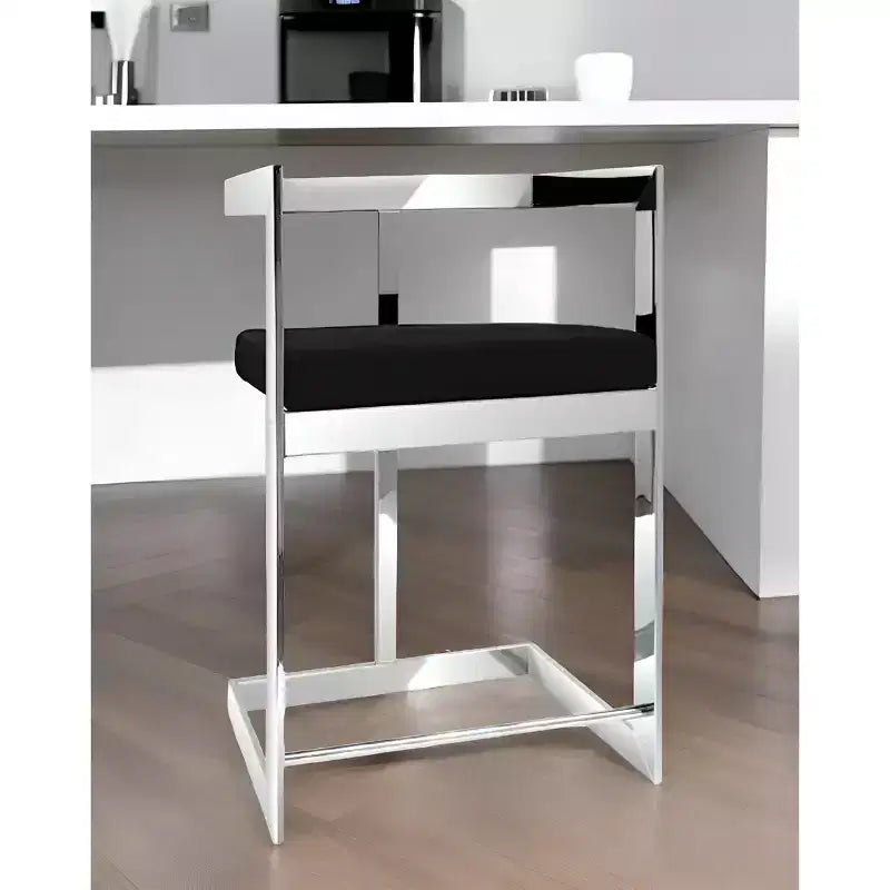 HomeRoots 26 Chaise de bar mi-hauteur dossier bas en velours noir et argent et acier inoxydable