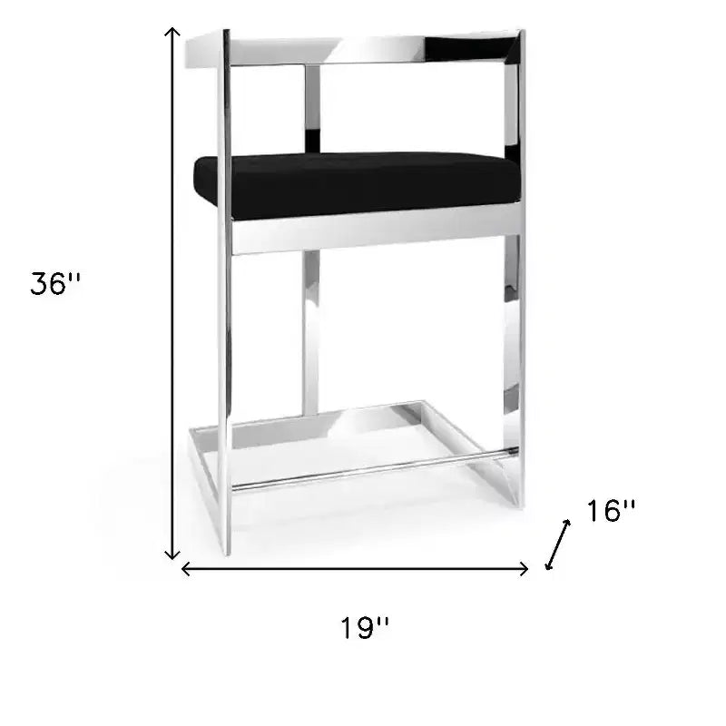 HomeRoots 26 Chaise de bar mi-hauteur dossier bas en velours noir et argent et acier inoxydable