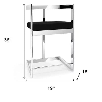 HomeRoots 26 Chaise de bar mi-hauteur dossier bas en velours noir et argent et acier inoxydable