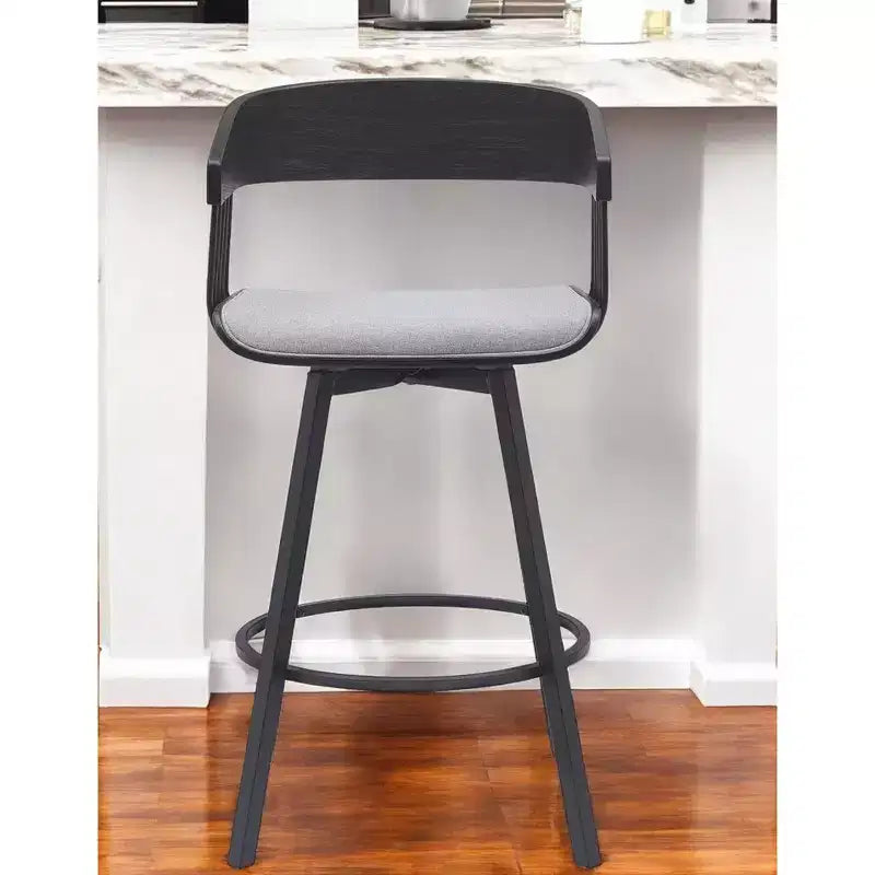 Tabouret de bar pivotant HomeRoots 27 en tissu gris clair et noir avec piètement en métal, hauteur comptoir