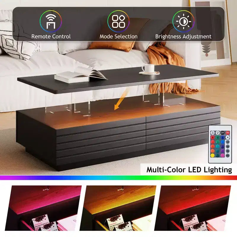 Okak 47.2 Table basse LED moderne, Table centrale rectangulaire à intensité variable intelligente avec 2 tiroirs cachés et commande tactile pour salon/cinéma maison