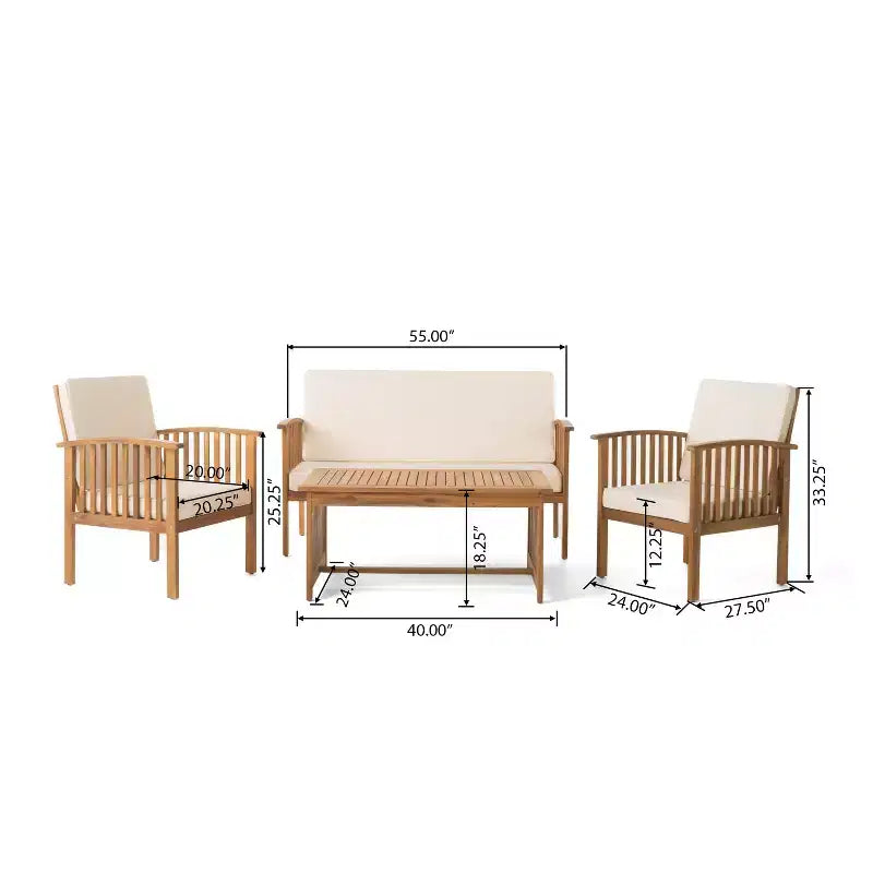 GDFStudio Ivan 6 Piece Outdoor Acacia Wood Chat Set with Slatted Coffee Table and Cushions