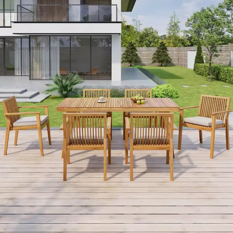 Christopher Knight Home Caitlyn Rustic 7 Piece Patio Acacia Wood Dining Set with Cushions