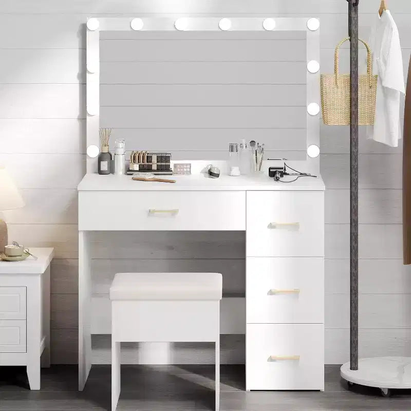 WAYES Makeup Vanity Set with Lighted Mirror, Charging Station, Storage Stool, 3ft Large Vanity Desk, Modern White
