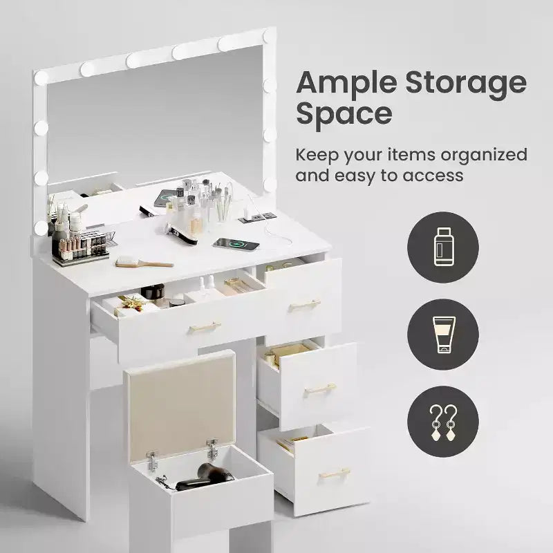 WAYES Makeup Vanity Set with Lighted Mirror, Charging Station, Storage Stool, 3ft Large Vanity Desk, Modern White