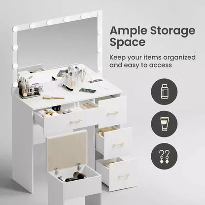 WAYES Makeup Vanity Set with Lighted Mirror, Charging Station, Storage Stool, 3ft Large Vanity Desk, Modern White