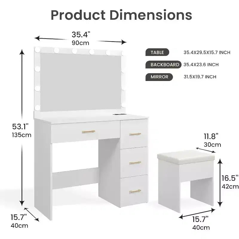WAYES Makeup Vanity Set with Lighted Mirror, Charging Station, Storage Stool, 3ft Large Vanity Desk, Modern White