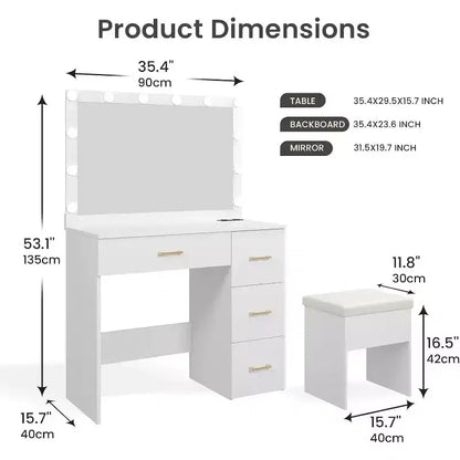 WAYES Makeup Vanity Set with Lighted Mirror, Charging Station, Storage Stool, 3ft Large Vanity Desk, Modern White