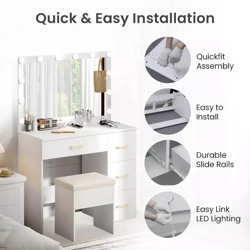 WAYES Makeup Vanity Set with Lighted Mirror, Charging Station, Storage Stool, 3ft Large Vanity Desk, Modern White