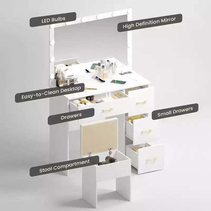 WAYES Makeup Vanity Set with Lighted Mirror, Charging Station, Storage Stool, 3ft Large Vanity Desk, Modern White