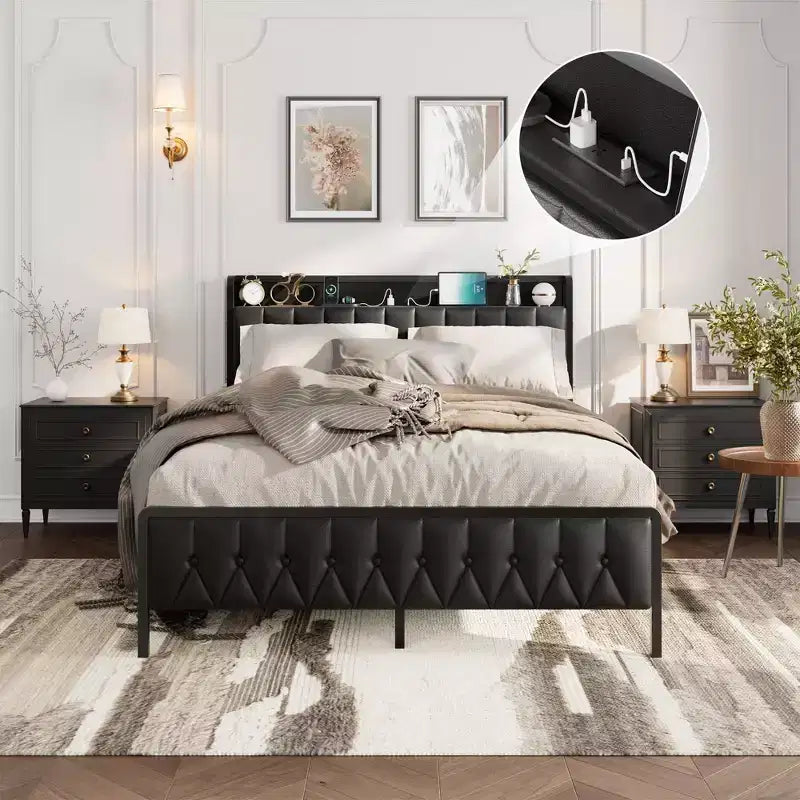 Cadre de lit double, Tête de lit capitonnée avec station de charge, Cadre de lit plateforme double entièrement métallique avec rangement, Sommier tapissier non nécessaire, Noir