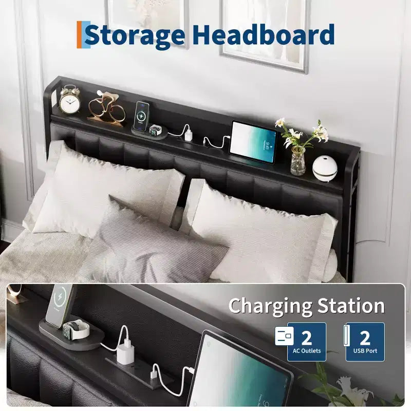 Cadre de lit double, Tête de lit capitonnée avec station de charge, Cadre de lit plateforme double entièrement métallique avec rangement, Sommier tapissier non nécessaire, Noir