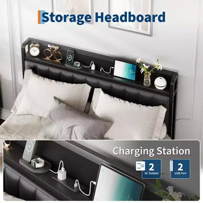 Cadre de lit double, Tête de lit capitonnée avec station de charge, Cadre de lit plateforme double entièrement métallique avec rangement, Sommier tapissier non nécessaire, Noir
