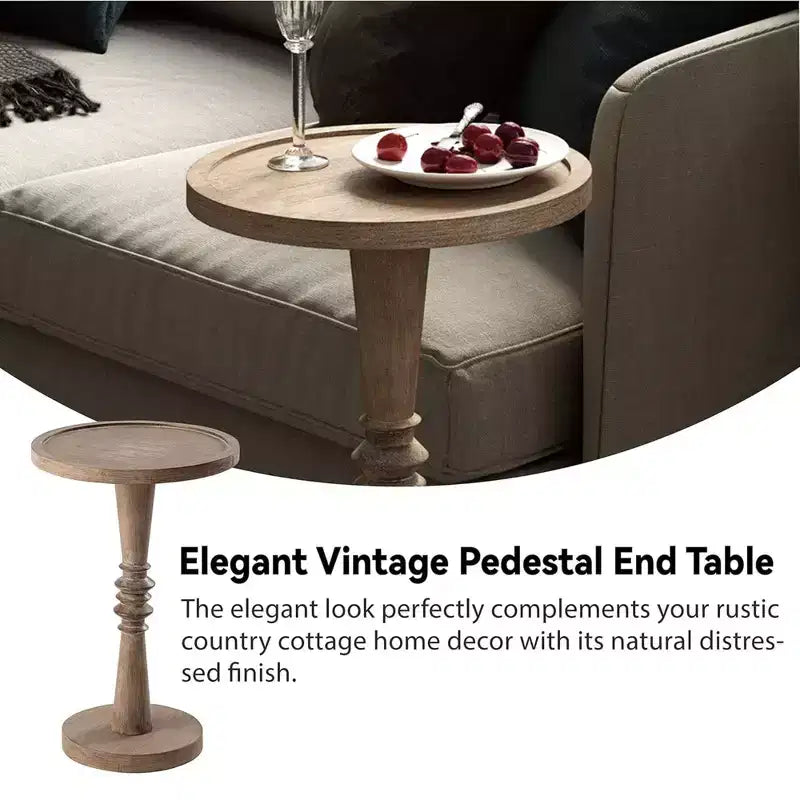 COZAYH Pedestal Tray Top End Table for Holding Drinks, Lamps or Plants, Farmhouse & Rustic Style for Living Room or Bedroom, Brown