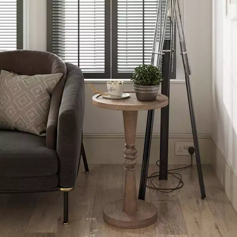 COZAYH Pedestal Tray Top End Table for Holding Drinks, Lamps or Plants, Farmhouse & Rustic Style for Living Room or Bedroom, Brown