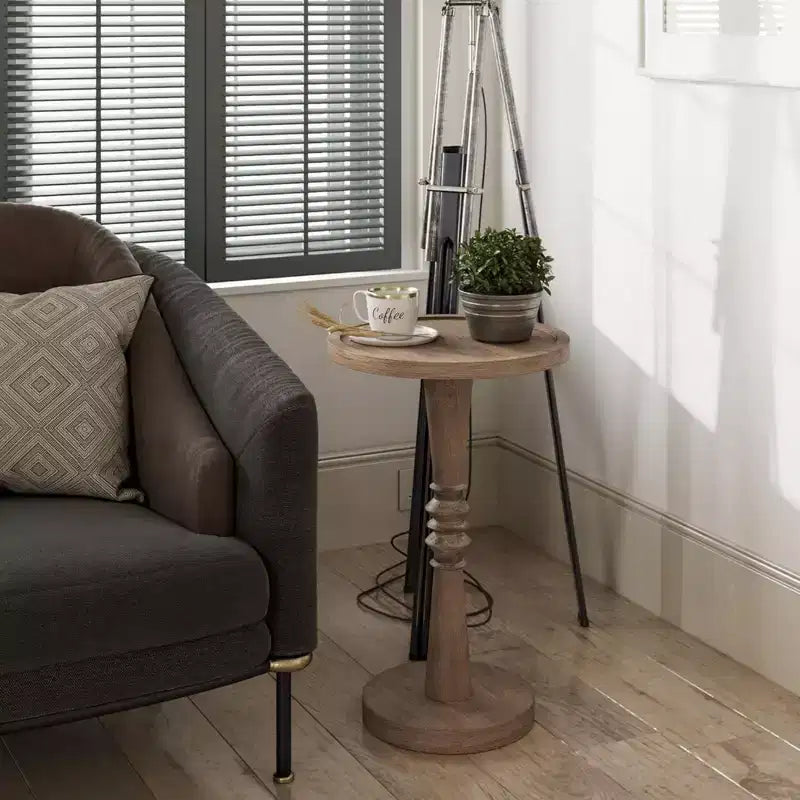 COZAYH Pedestal Tray Top End Table for Holding Drinks, Lamps or Plants, Farmhouse & Rustic Style for Living Room or Bedroom, Brown
