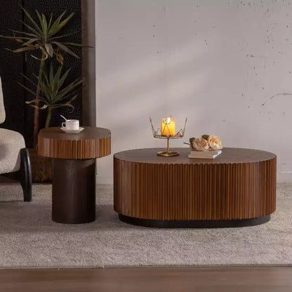 GDFStudio Spencer 2 Piece Wave Stripe Edge Wooden Pedestal Coffee Table Set