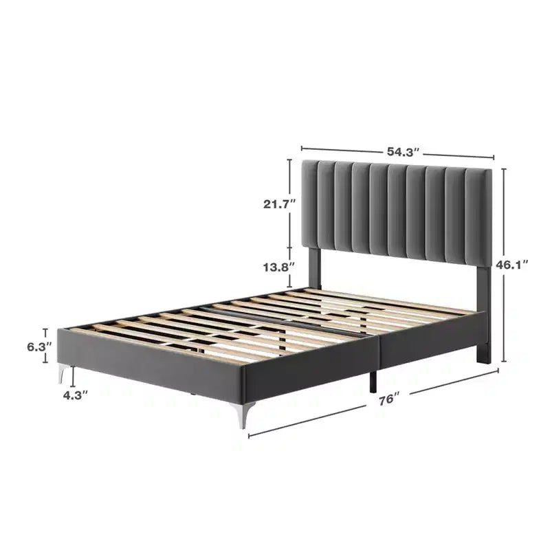 Cadre de lit double, capitonné en velours, tête de lit réglable, silencieux, pas besoin de sommier tapissier, lattes en bois, gris
