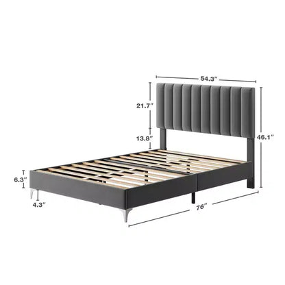 Cadre de lit double, capitonné en velours, tête de lit réglable, silencieux, pas besoin de sommier tapissier, lattes en bois, gris