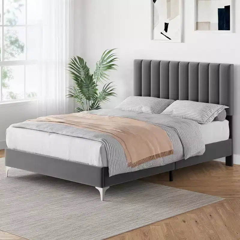 Cadre de lit double, capitonné en velours, tête de lit réglable, silencieux, pas besoin de sommier tapissier, lattes en bois, gris