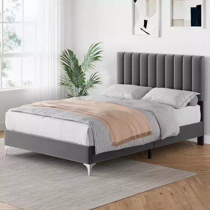 Cadre de lit double, capitonné en velours, tête de lit réglable, silencieux, pas besoin de sommier tapissier, lattes en bois, gris