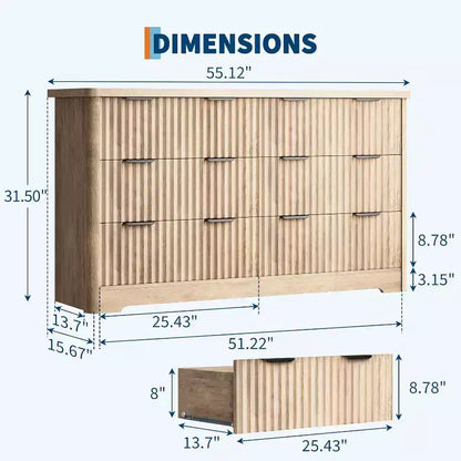Commode Acekool cannelée à 6 tiroirs, rangement moderne au design ondulé et plateau en bois robuste