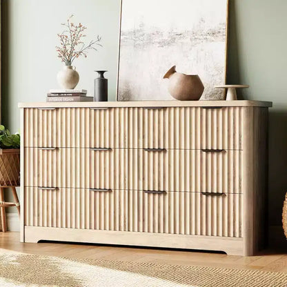 Commode Acekool cannelée à 6 tiroirs, rangement moderne au design ondulé et plateau en bois robuste