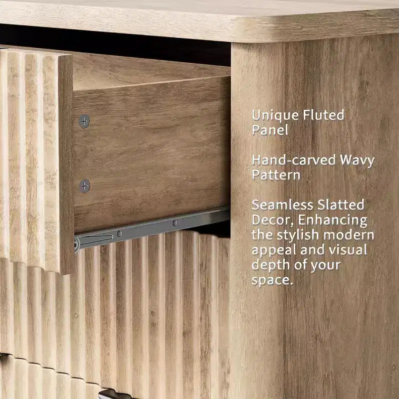 Commode Acekool cannelée à 6 tiroirs, rangement moderne au design ondulé et plateau en bois robuste
