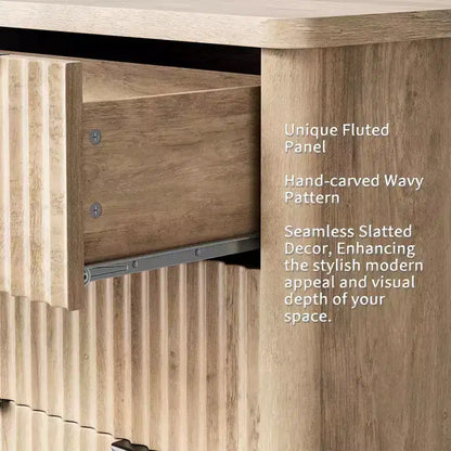 Commode Acekool cannelée à 6 tiroirs, rangement moderne au design ondulé et plateau en bois robuste