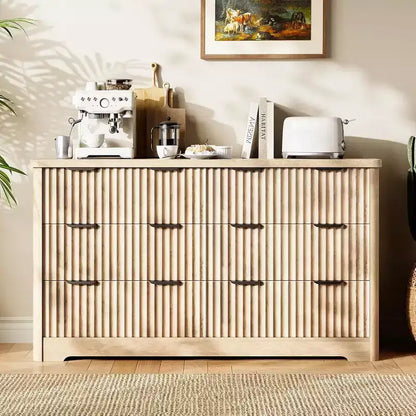Commode Acekool cannelée à 6 tiroirs, rangement moderne au design ondulé et plateau en bois robuste