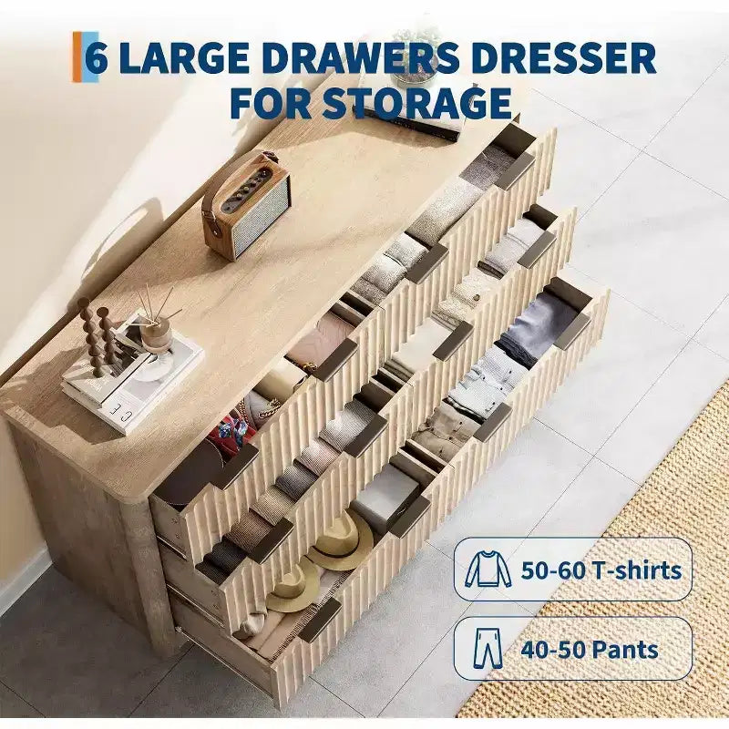 Commode Acekool cannelée à 6 tiroirs, rangement moderne au design ondulé et plateau en bois robuste