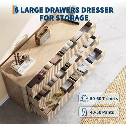 Commode Acekool cannelée à 6 tiroirs, rangement moderne au design ondulé et plateau en bois robuste