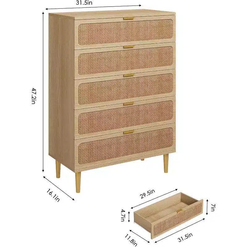 Commode haute en rotin à 5 tiroirs, grand chiffonnier, meuble de rangement en bois sur pied pour chambre, placard, salon