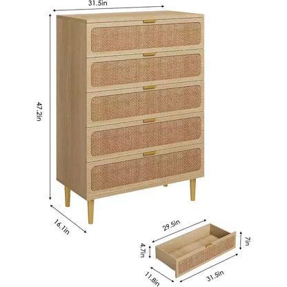 Commode haute en rotin à 5 tiroirs, grand chiffonnier, meuble de rangement en bois sur pied pour chambre, placard, salon