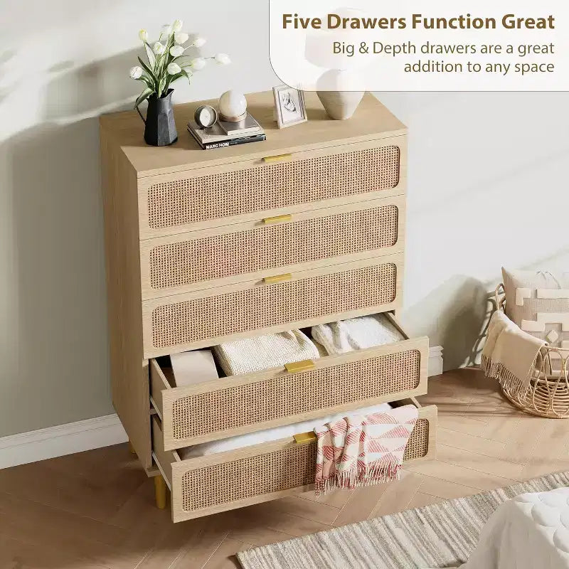 Commode haute en rotin à 5 tiroirs, grand chiffonnier, meuble de rangement en bois sur pied pour chambre, placard, salon