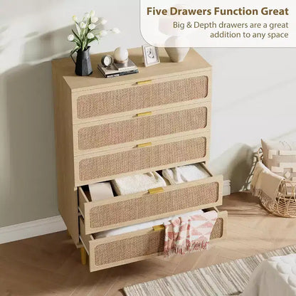 Commode haute en rotin à 5 tiroirs, grand chiffonnier, meuble de rangement en bois sur pied pour chambre, placard, salon